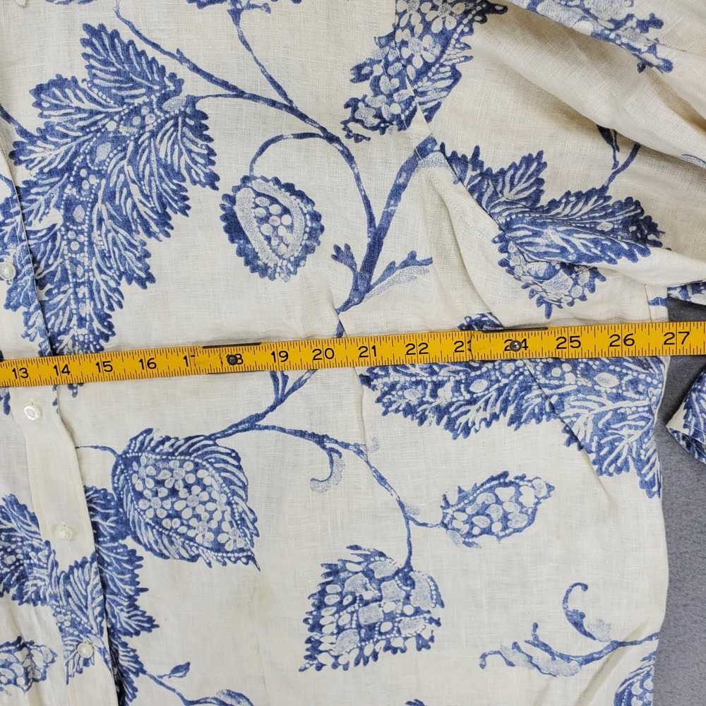 Ralph Lauren Button Down Shirt Women 2X Blue Cream Linen Floral 3/4 Sleeve - Picture 5 of 6
